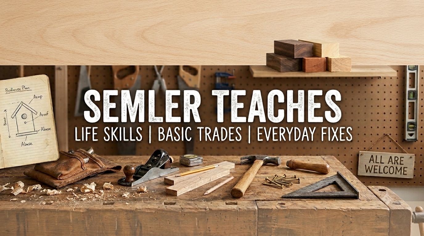Semler Teaches — Life Skills, Basic Trades, Everyday Fixes. A wood shop workbench with hand tools.
