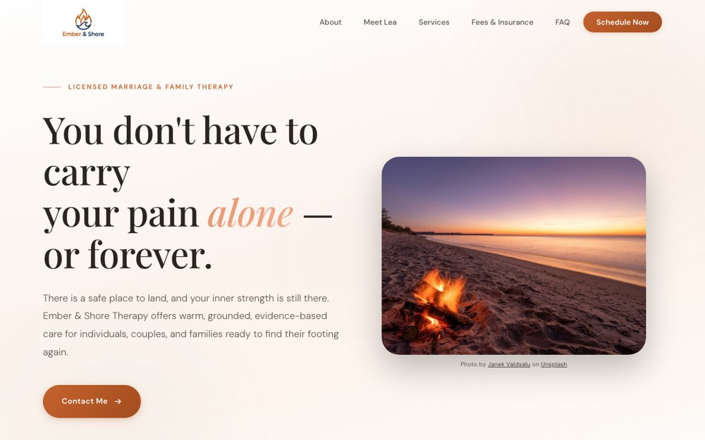 Ember & Shore Therapy — website homepage
